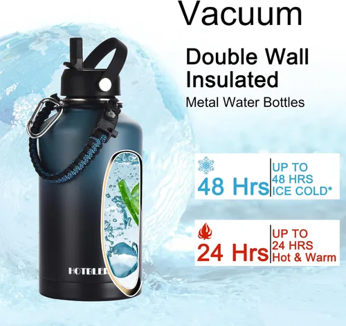 Vista 4 de Botella de agua aislada de 64 onzas con asa de paracaídas, bolsa de transporte y funda de silicona, jarra aislada de acero inoxidable de doble pared
