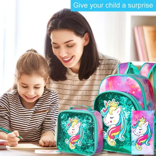 Vista 5 de 3 mochilas de unicornio para niñas, 16 pulgadas, con lentejuelas, con lonchera, bolsas escolares para preescolar primaria, jardín de infantes