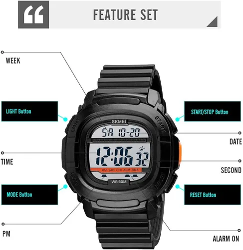 Vista 5 de SKMEI Reloj deportivo digital para hombre pantalla LED relojes militares de cara grande resistente al agua casual luminoso cronómetro alarma simple