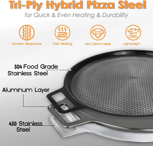 Vista 2 de Acero antiadherente para pizza grabado con láser, sartén para pizza de acero híbrido de 3 capas con núcleo de aluminio, mejor conductividad térmica