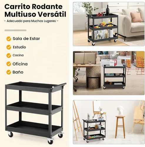 Vista 6 de Goplus Carrito utilitario de 3 niveles, carrito de herramientas de servicio comercial resistente con ruedas bloqueables, capacidad de carga de 330