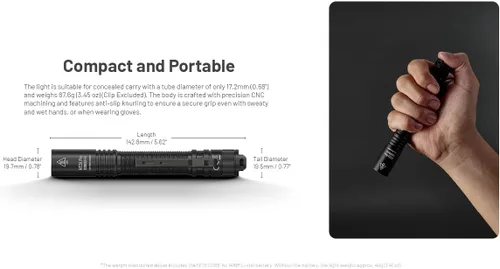 Vista 6 de Nitecore Linterna MT2A Pro EDC, 1000 lúmenes, haz de 279 yardas, recargable USB-C, compatibilidad de doble potencia, linterna delgada compacta e
