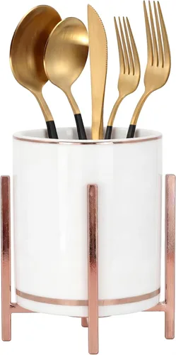 Vista 20 de Organizador de cerámica para cubiertos, soporte redondo para utensilios, soporte para utensilios de cocina para encimera, taza de cerámica con borde