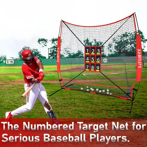 Vista 6 de Red de práctica de béisbol y softbol de 7 x 7 pies con zona de golpe numerada, red de entrenamiento de lanzamiento portátil resistente