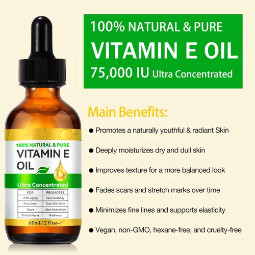 Vista 5 de flasture Aceite de vitamina E 75,000 UI – Vitamina E natural 100% pura para piel, cara, cabello, cicatrices – Aceite corporal hidratante profundo