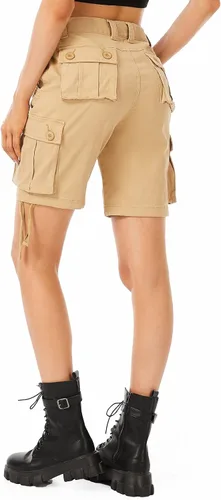 Vista 3 de Raroauf Bermudas de sarga de algodón para mujer, estilo casual, con múltiples bolsillos