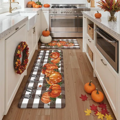 Vista 4 de KIMODE Tapetes Antifatiga para Piso de Cocina 17"x47"+17"x29", Juego de 2 Alfombras de Cocina a Cuadros Marrón y Blanco, Tapete de Cocina