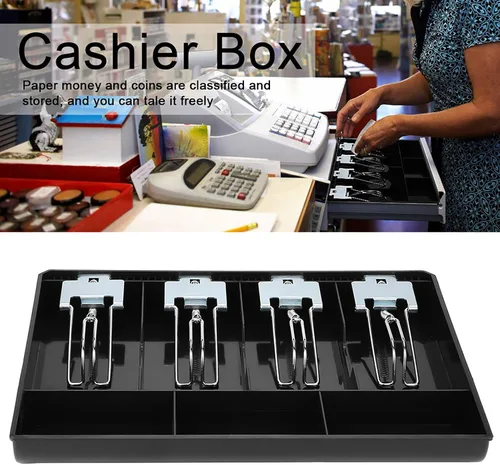 Vista 4 de Bandeja de dinero, bandeja de inserción de cajón de caja registradora con 4 compartimentos para billetes/3 monedas, caja de almacenamiento portátil