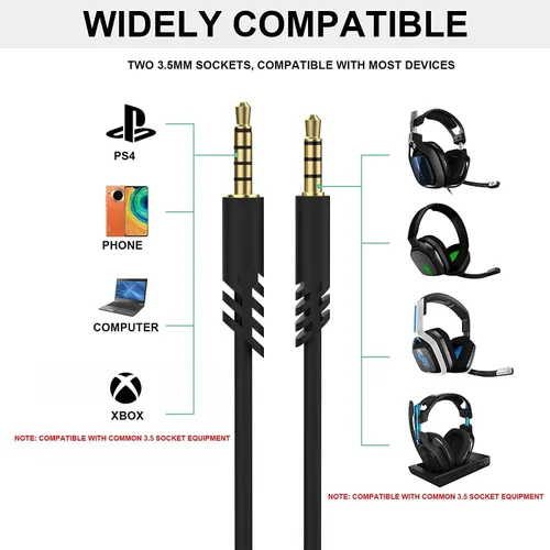 Vista 4 de Cable de repuesto de auriculares de 2M de 6.5 pies con control de volumen para Astro A10/A30/A40/A50, cable de auriculares para PS5/PS4/Xbox Series