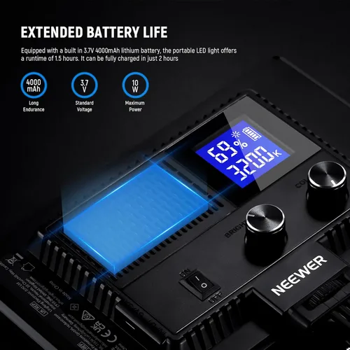 Vista 4 de NEEWER Panel de luz de video LED de 9" regulable con iluminación suave para cámara DSLR con mini trípode de escritorio, puertos USB tipo C
