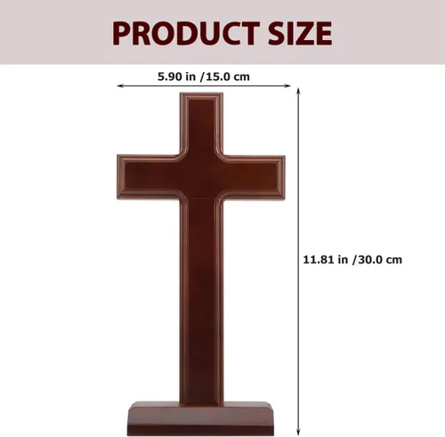 Vista 2 de Levemolo Cruz de madera con base de madera, cruz decorativa de pie para escritorio, decoración de iglesia y decoración religiosa del hogar