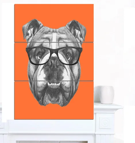 Vista 2 de Designart Bulldog inglés con gafas - Obra de arte de pared de animales grandes, 30 x 40, gris/naranja