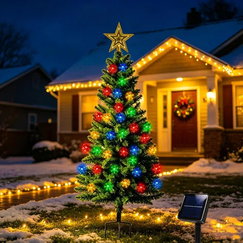 Vista 5 de Árbol de Navidad solar de 100 LED de 4 pies para decoraciones de Navidad al Árbol de Navidad para exteriores de 250 ramas, luces solares