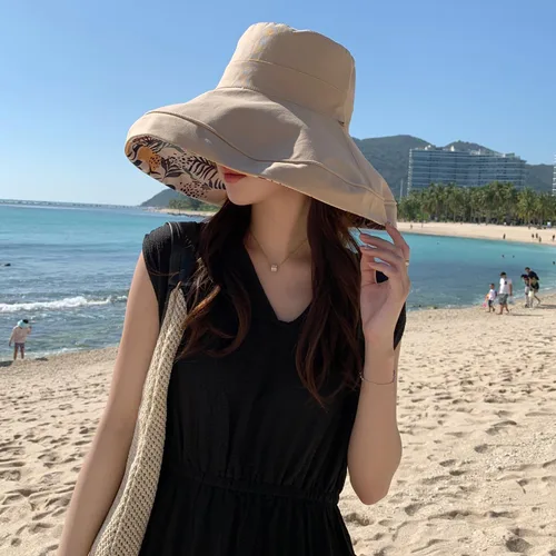 Vista 57 de Sombrero de sol de ala súper ancha para mujer, de algodón, plegable, reversible, con borde con cable, protección UV, verano, playa, viajes, jardín