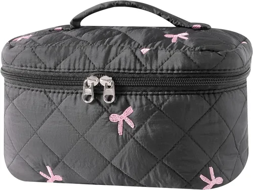 Vista 8 de uekeboag - Bolsa de maquillaje grande de viaje acolchada para mujer, neceser de algodón con estampado floral, neceser con estampado floral