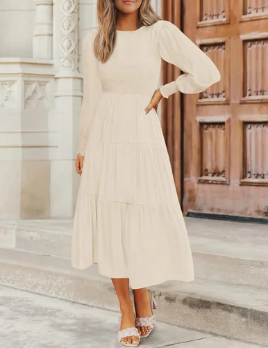Vista 2 de ZESICA Vestido midi casual de manga larga con cuello redondo, cintura alta, fruncido, fluido y escalonado para mujer