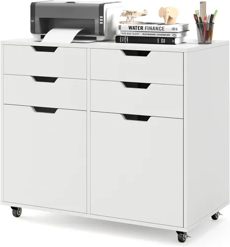 Vista 15 de Archivador negro con 4 cajones y 2 puertas Organizador de almacenamiento móvil para debajo del escritorio, soporte de impresora de madera sobre