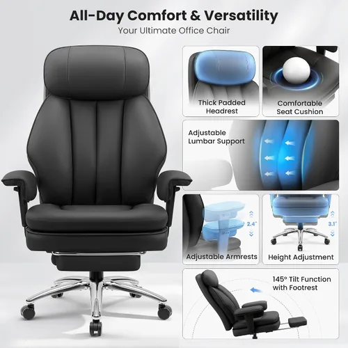 Vista 7 de BestGlory Silla de oficina grande y alta con soporte lumbar, silla de escritorio de cuero ejecutivo, silla de juegos cómoda resistente con cojín
