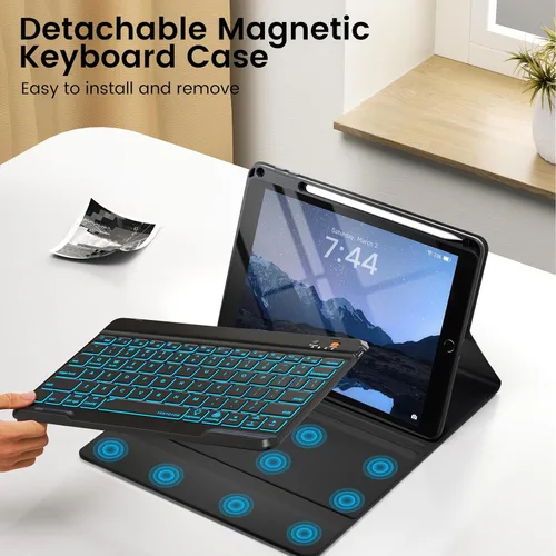 Vista 7 de OYEEICE Funda de teclado para iPad 6ª/5ª generación de 9.7 pulgadas, teclado inalámbrico desmontable retroiluminado de 7 colores, cubierta magnética