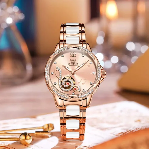 Vista 6 de OLEVS Relojes para mujer, de cuerda automática, oro rosa, diamante, reloj de pulsera mecánico automático, acero inoxidable, dos tonos, pulsera