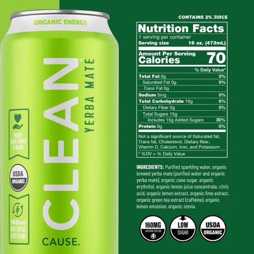 Vista 2 de Clean Cause Yerba Mate Engergy Drink, limón lima, 16 onzas