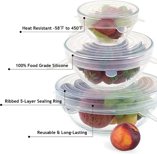 Vista 5 de 12 tapas elásticas de silicona, tapas de silicona reutilizables para almacenamiento de alimentos, 6 tamaños diferentes de fundas de silicona