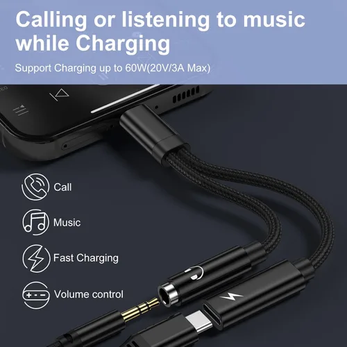 Vista 2 de Adaptador para auriculares Samsung Galaxy S26, cable de audio auxiliar 2 en 1 USB C a 0.138 in Aux Jack Adapter with 60W Fast Charging Dongle