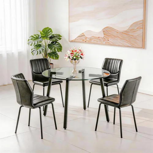 Vista 26 de Juego de mesa de comedor de cristal para 4, mesa rectangular con 4 sillas de cocina de cuero blanco, juego de comedor de cocina de 51 pulgadas, mesa