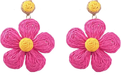 Vista 6 de Juego de 3 pares de aretes colgantes de rafia, estilo bohemio, colorido de flores, redondos, cuadrados, de ratán, para verano, playa, hechos a mano