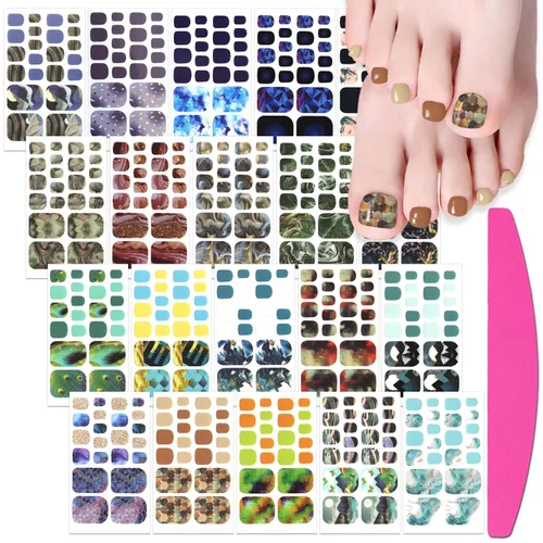 Vista 9 de 20 hojas de tiras de esmalte de uñas de los pies para mujer, calcomanías de color sólido para uñas de los pies, envolturas completas para niñas