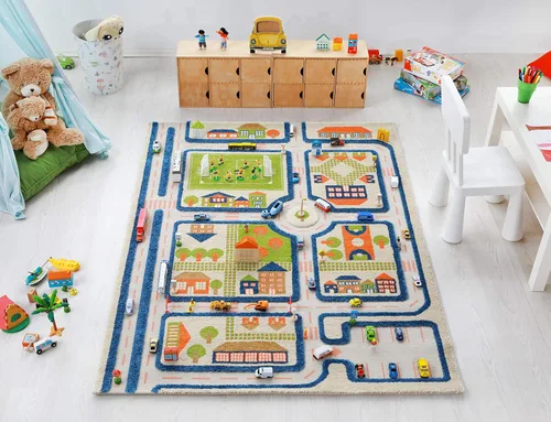 Vista 11 de IVI Alfombra de juego gruesa 3D para niños con diseño de ciudad colorida con campo de fútbol, estacionamiento y carreteras, azul, 32 x 45 pulgadas