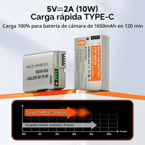 Vista 2 de EN-EL14, EN-EL14A USB C Batería de repuesto de carga directa para Nikon D3500, D3100, D3200, D3300, D3400, D5100, D5200, D5300, D5500, D5600, DF
