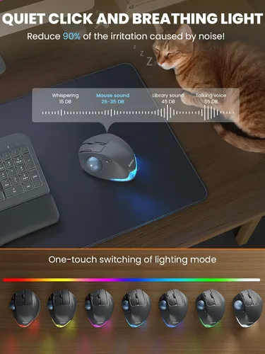 Vista 8 de Ratón de Trackball inalámbrico, ángulo ajustable recargable, mouse gris retroiluminado Ratón ergonómico MAM1 Pro con punta redonda con 5 niveles