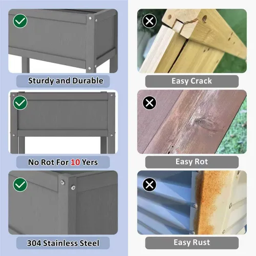 Vista 4 de Cama de jardín elevada con orificio de drenaje, impermeable, pequeña maceta elevada de polietileno de alta densidad con patas, estable y duradera