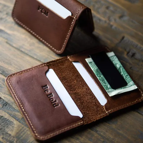 Vista 9 de The Gates Cartera plegable de cuero fino personalizado con clip para dinero (marrón)