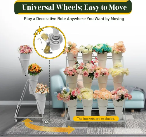 Vista 7 de Soporte de metal para plantas de 3 capas con ruedas, soporte de exhibición de flores con cubos, soporte para flores, organizador para interiores