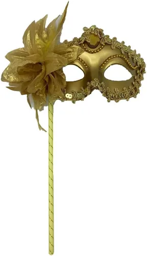 Vista 7 de AZYOUNG Máscara de media cara chapada en oro y plata para mujer, con flor de plumas laterales en palo