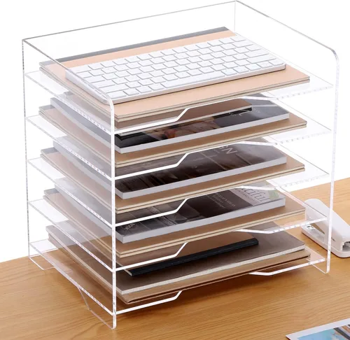 Vista 14 de Paquete de 2 bandejas apilables de papel para cartas, organizador de escritorio de archivos A4 ampliado, organizador de escritorio de acrílico