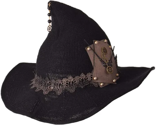 Vista 2 de GRACEART Sombrero de bruja de lana de fieltro con engranajes para mujer, gorro de mago de Halloween, gorro de Mardi Gras