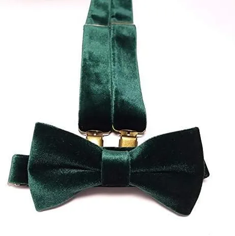 Vista 2 de Conjunto de tirantes de terciopelo verde esmeralda para novio padrinos de boda traje de portador de anillo hombres niños padre de la novia