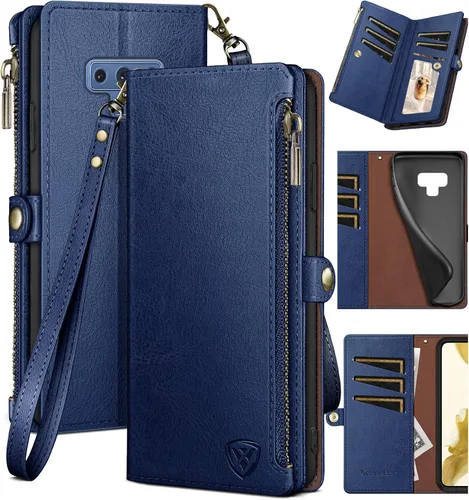 Vista 13 de XcaseBar Funda tipo cartera para Samsung Galaxy Note 9 con cremallera y tarjetero de crédito con bloqueo RFID, funda de piel sintética con tapa