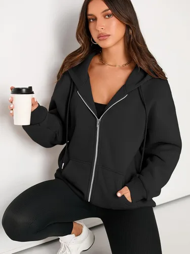 Vista 2 de EFAN Sudaderas con capucha lindas para mujer con cordón y cremallera, chaqueta de otoño de gran tamaño, sudaderas casuales con bolsillo Negro