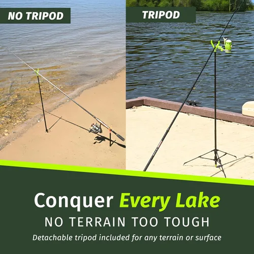 Vista 3 de FISHIN' STIX - Kit listo para pescar, incluye soporte para caña de 30 pulgadas, trípode de soporte todo terreno y alarma de mordida