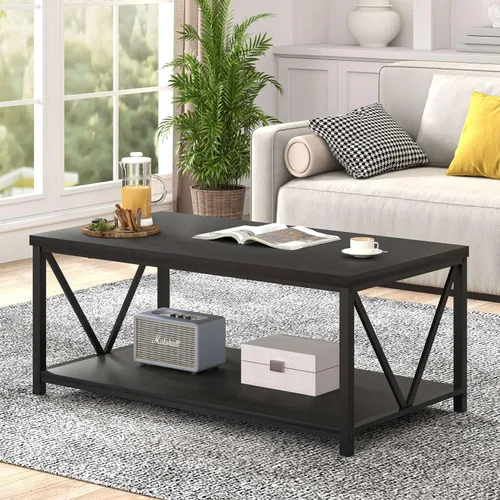 Vista 3 de EXCEFUR Mesa de centro pequeña, mesas modernas para sala de estar con estante de almacenamiento, mesa central rectangular de madera rústica, mesa
