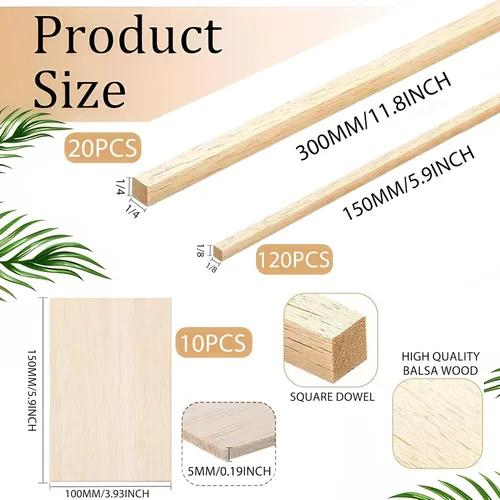 Vista 2 de Kit de manualidades de madera de balsa prémium Barsha Space - 10 hojas sin acabar (10x15cm, 12.7mm) + 140 palos (3mm & 6mm) - Ideal para modelos