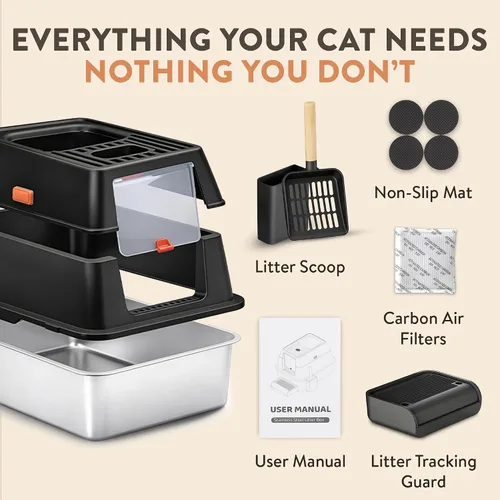 Vista 8 de Caja de arena XL de acero inoxidable para gatos con recinto y rastrillo - Caja de arena negra duradera de metal para gatos grandes, lados altos