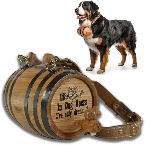 Vista 10 de St Bernard - Collar de barril de whisky para perro, 'M.U.T.T.' - Dispensador de barril de roble de 1/2 litro para perros San Bernardo con correa