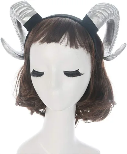 Vista 5 de NUOBESTY Diadema de cuerno de oveja, diadema de cuernos de demonio del diablo para disfraz de Halloween, cosplay, accesorios de fotos (plateado)
