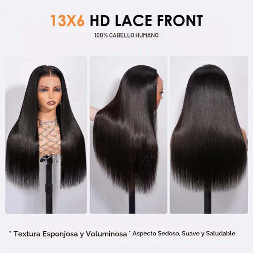 Vista 2 de Hermosa Pelucas de cabello humano lacio con encaje frontal HD de 13 x 6 Negro