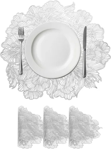 Vista 9 de uxcell Juego de 4 manteles individuales redondos dorados y florales para mesas de cena, manteles individuales metálicos de polivinilo prensado
